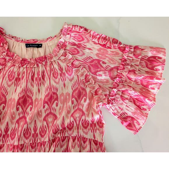 Women's LA PLAGE Dress Tiered Skirt Short Sleeve Pink White Size Medium Boho - Picture 4 of 7